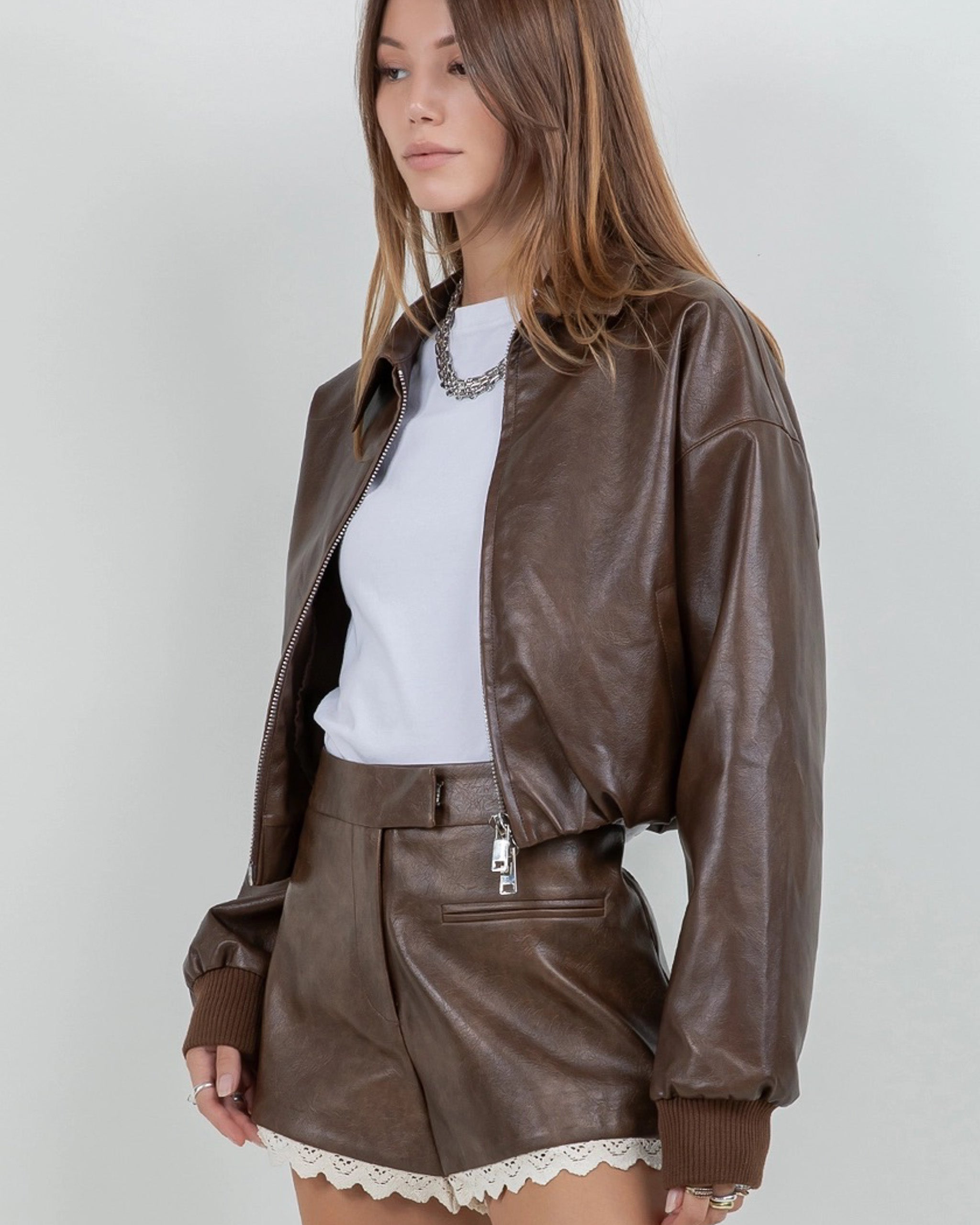 City Stroll Cropped Leather Jacket | Chocolate