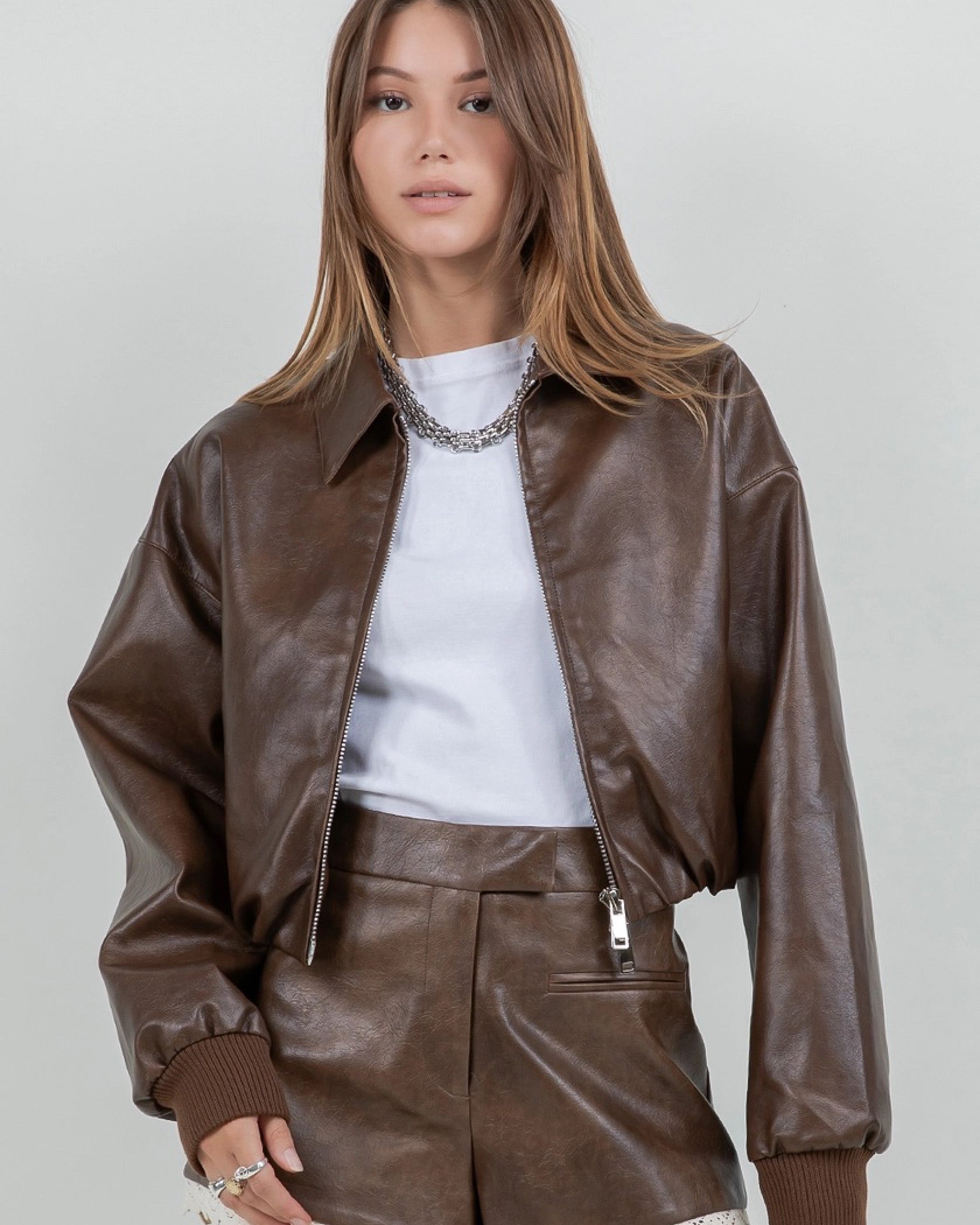 City Stroll Cropped Leather Jacket | Chocolate