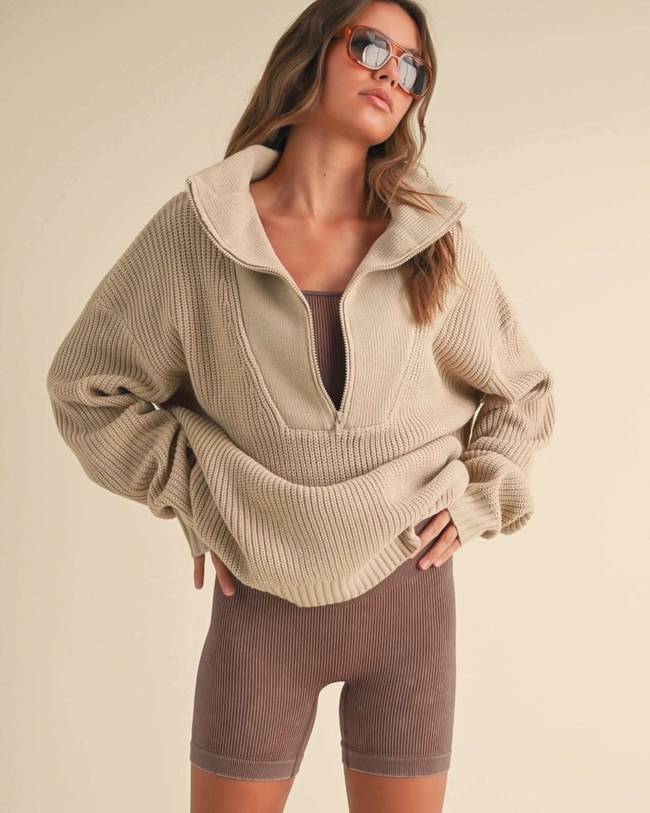 Slow Sundays Half Zip Sweater | Tan