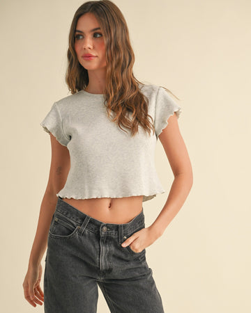 Ruffle Ribbed Tee | Grey