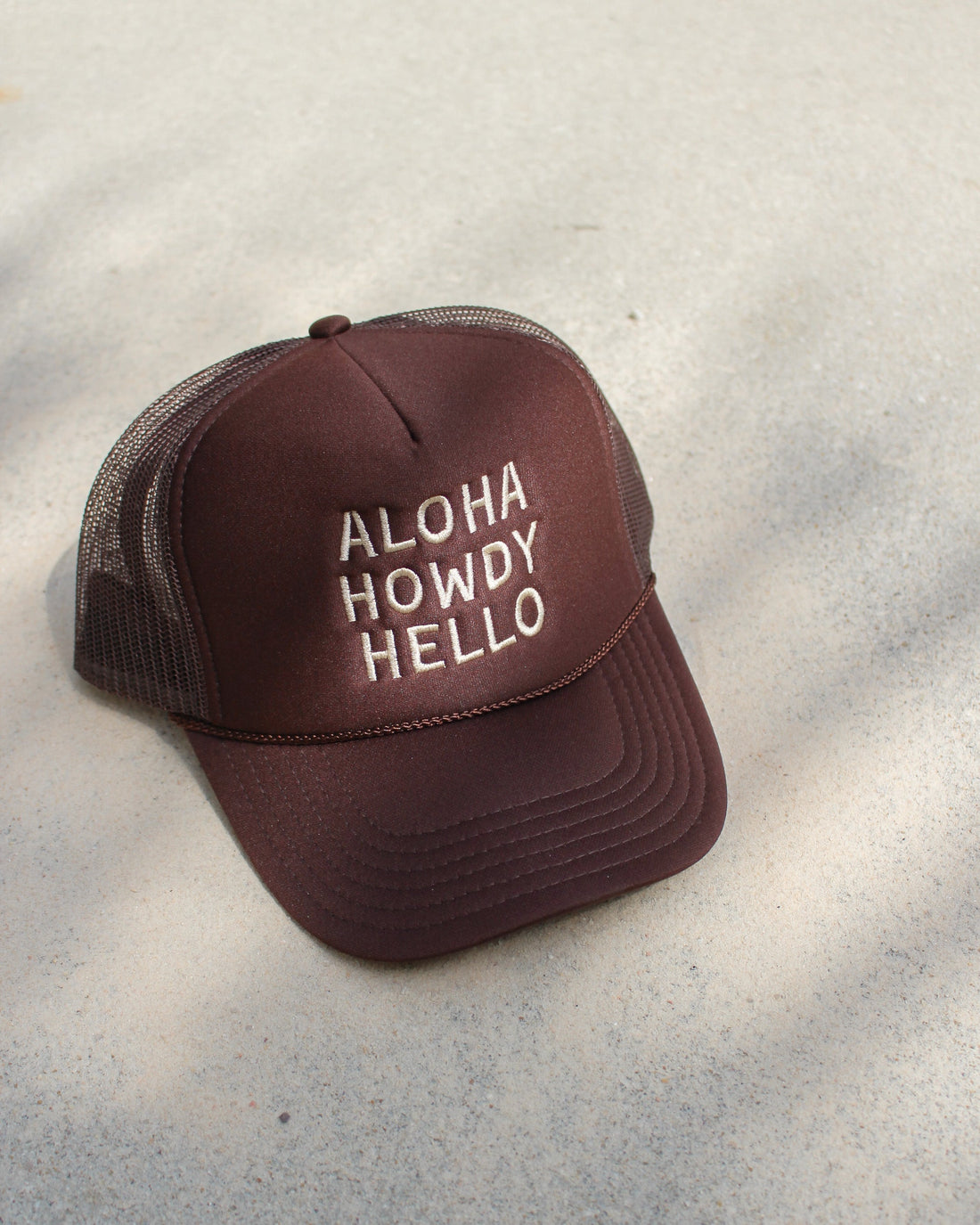 'Aloha Howdy Hello' Trucker Hat | Brown