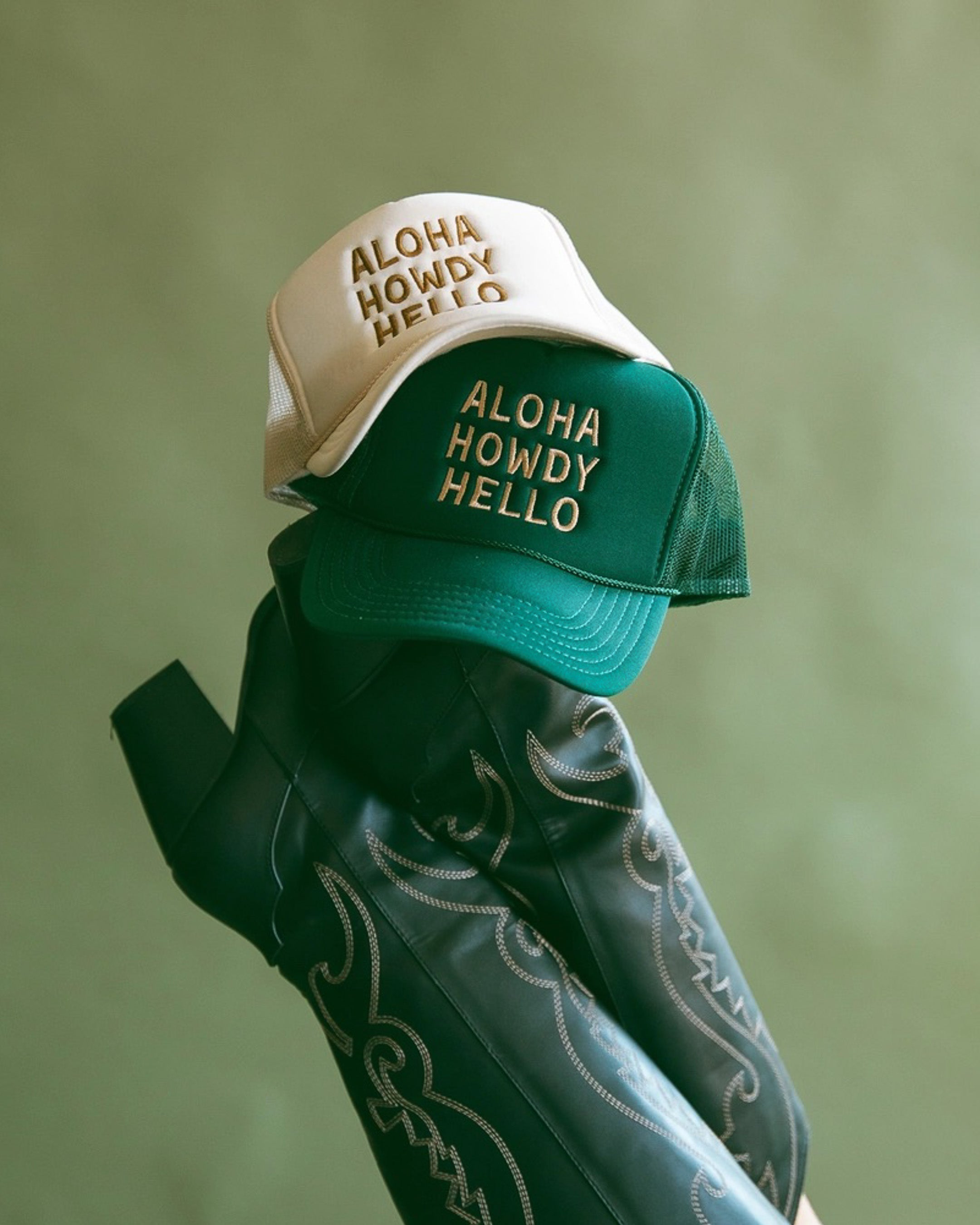 'Aloha Howdy Hello' Trucker Hat | Tan