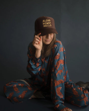 'Aloha Howdy Hello' Trucker Hat | Brown