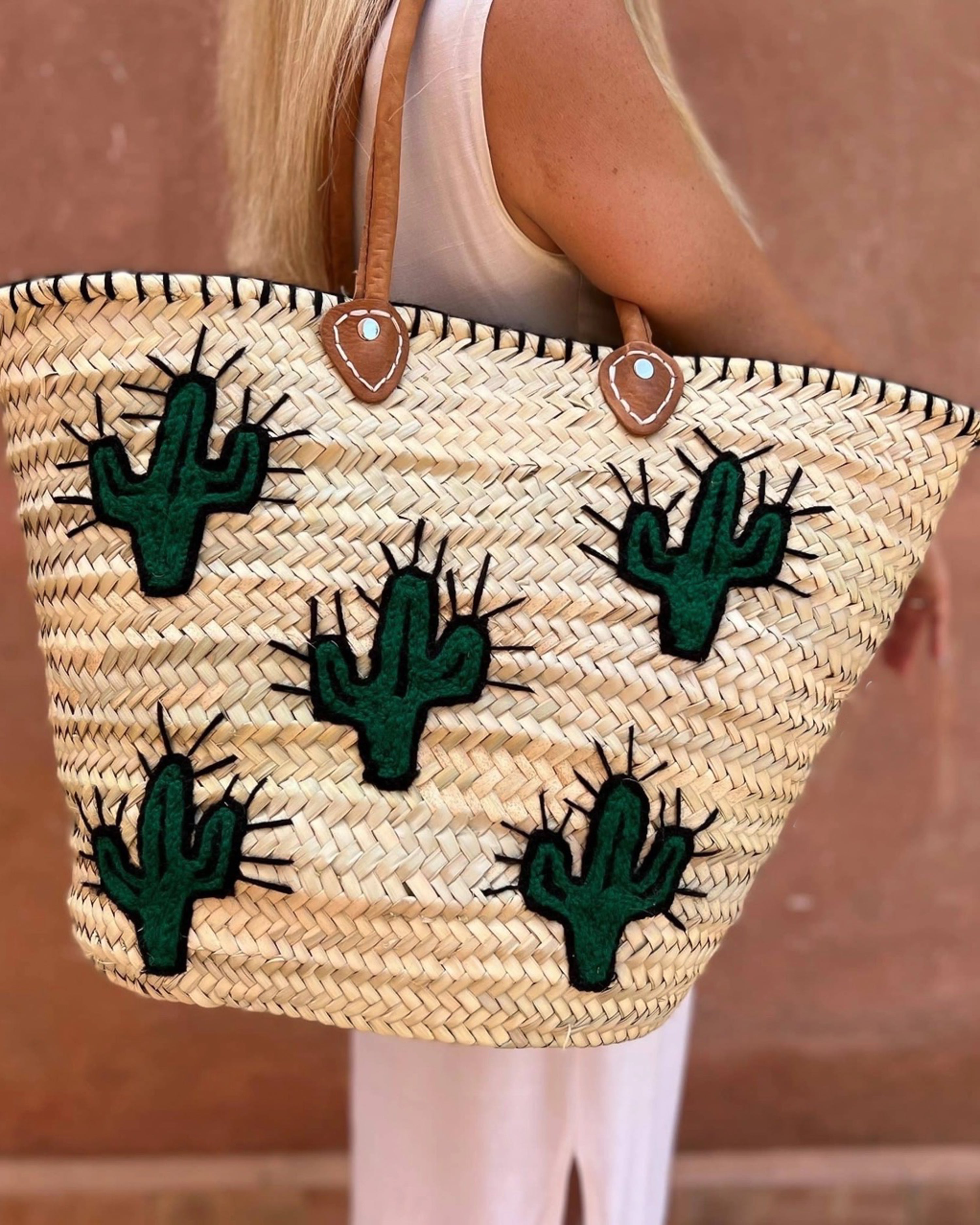 Straw Beach Tote with Cactus Embroidery