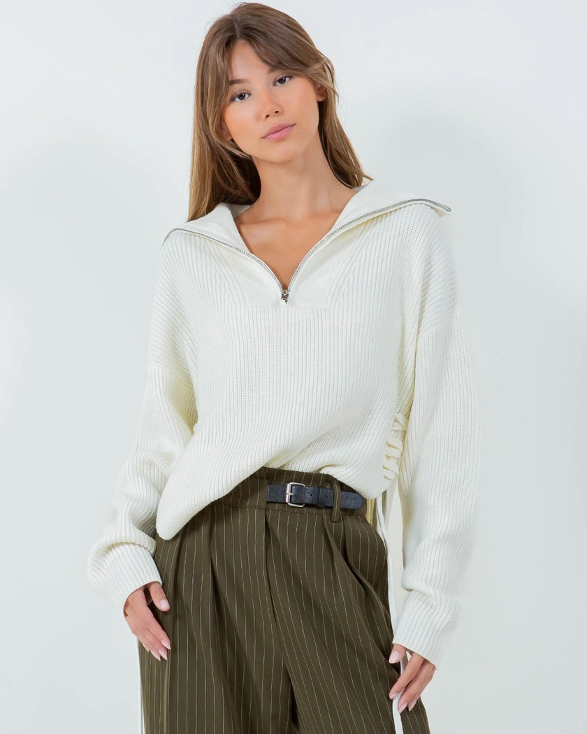 Side Tie Zip Sweater